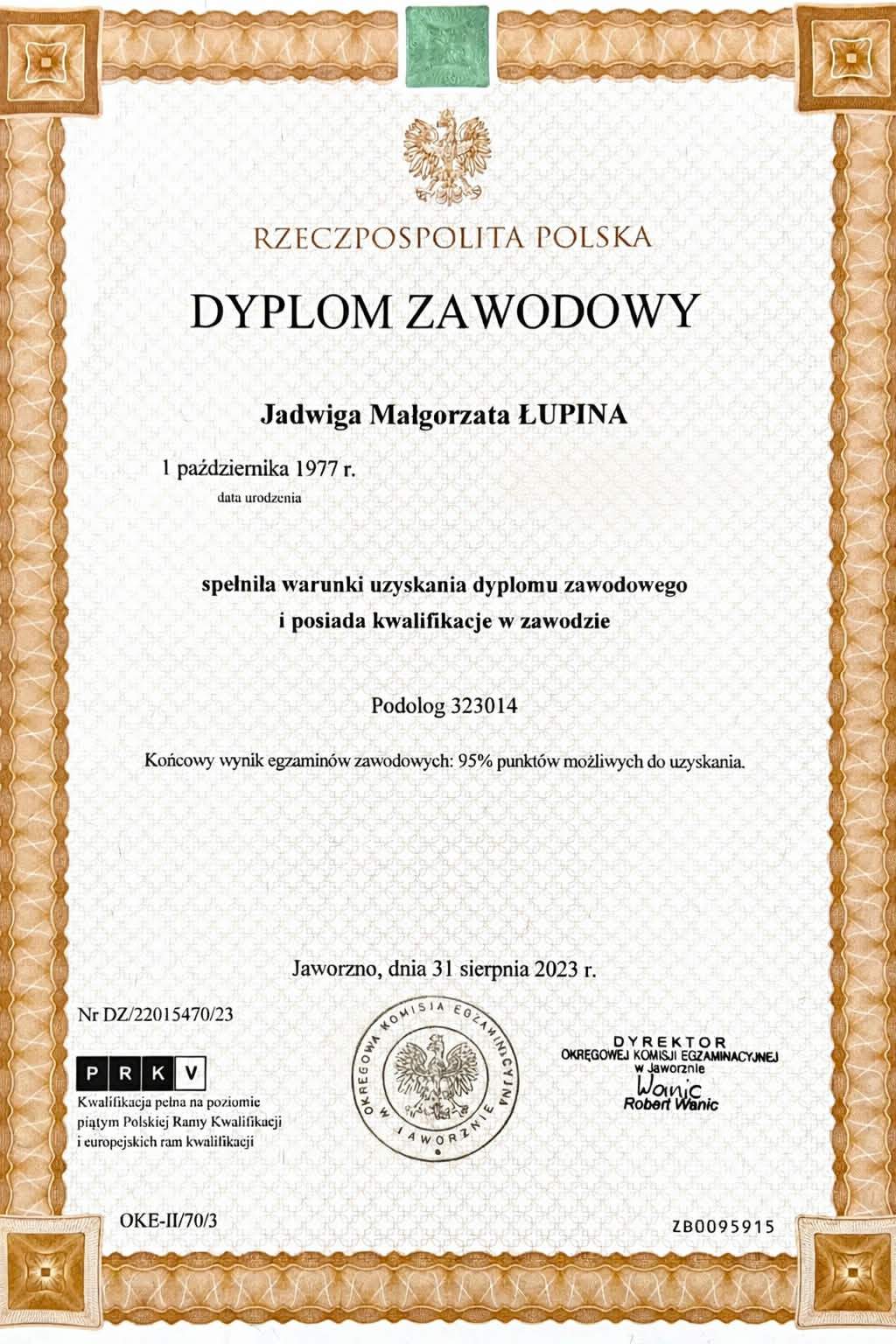 Dyplom Zawodowy Jadwiga Łupina